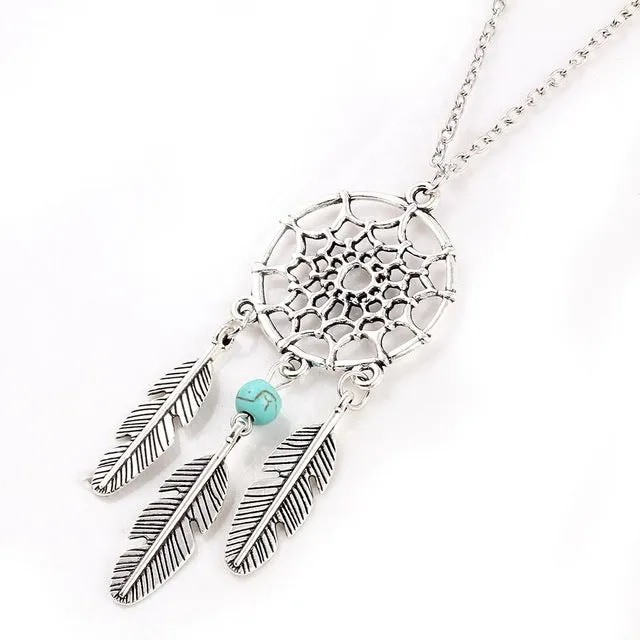 17KM collares Vintage Dream Catcher Leaves collier Pendant Necklace kettingen Silver Color Girl Bib Chokers Pendants & Necklaces