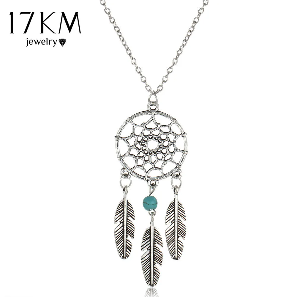 17KM collares Vintage Dream Catcher Leaves collier Pendant Necklace kettingen Silver Color Girl Bib Chokers Pendants & Necklaces