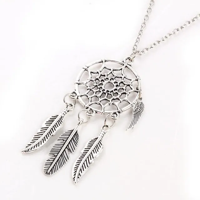 17KM collares Vintage Dream Catcher Leaves collier Pendant Necklace kettingen Silver Color Girl Bib Chokers Pendants & Necklaces