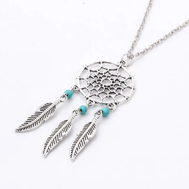 17KM collares Vintage Dream Catcher Leaves collier Pendant Necklace kettingen Silver Color Girl Bib Chokers Pendants & Necklaces
