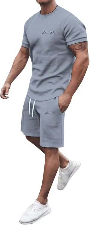 2 Piece Set for Men Mens Outfits Short Sleeve Athletic Sweatsuit Summer Tracksuit Sets Workout Tops Sportwear