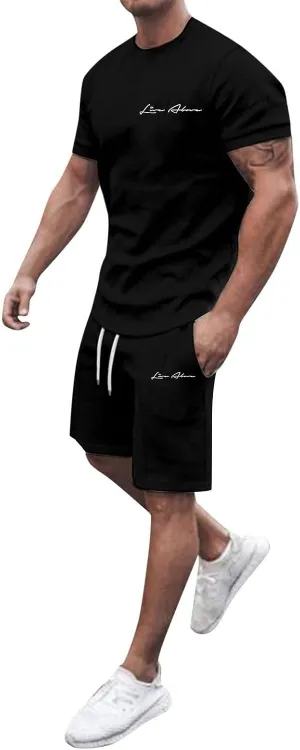 2 Piece Set for Men Mens Outfits Short Sleeve Athletic Sweatsuit Summer Tracksuit Sets Workout Tops Sportwear