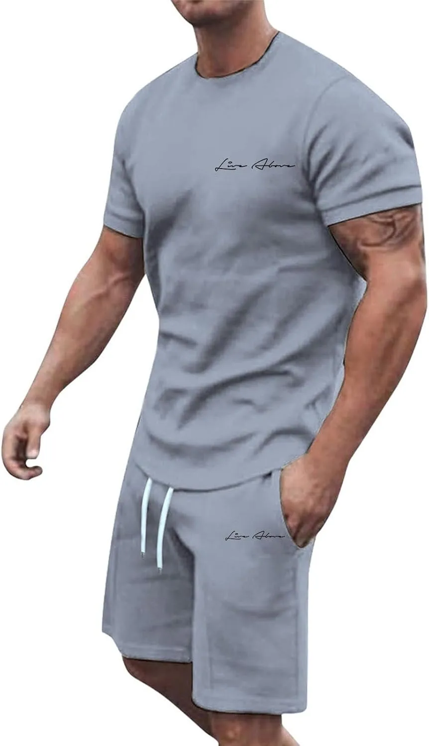 2 Piece Set for Men Mens Outfits Short Sleeve Athletic Sweatsuit Summer Tracksuit Sets Workout Tops Sportwear