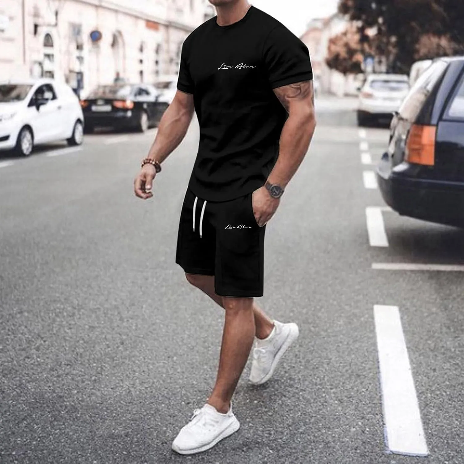 2 Piece Set for Men Mens Outfits Short Sleeve Athletic Sweatsuit Summer Tracksuit Sets Workout Tops Sportwear