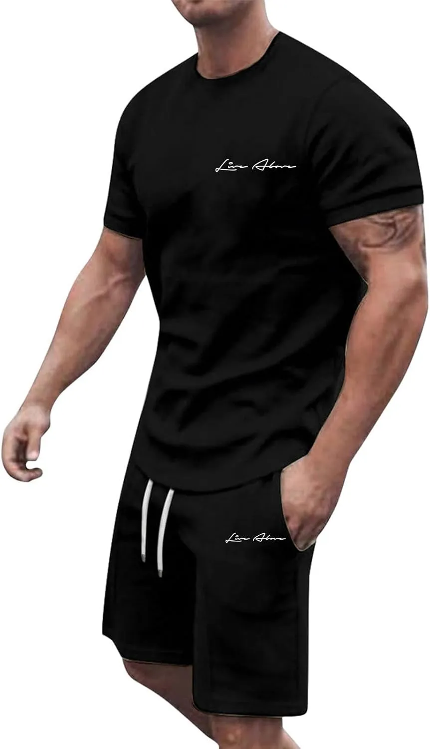 2 Piece Set for Men Mens Outfits Short Sleeve Athletic Sweatsuit Summer Tracksuit Sets Workout Tops Sportwear