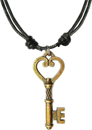 Antique Bronze Unisex Skeleton Key Charm Pendant Adjustable Waxed Cord Necklace 16" (SKBzPNL)