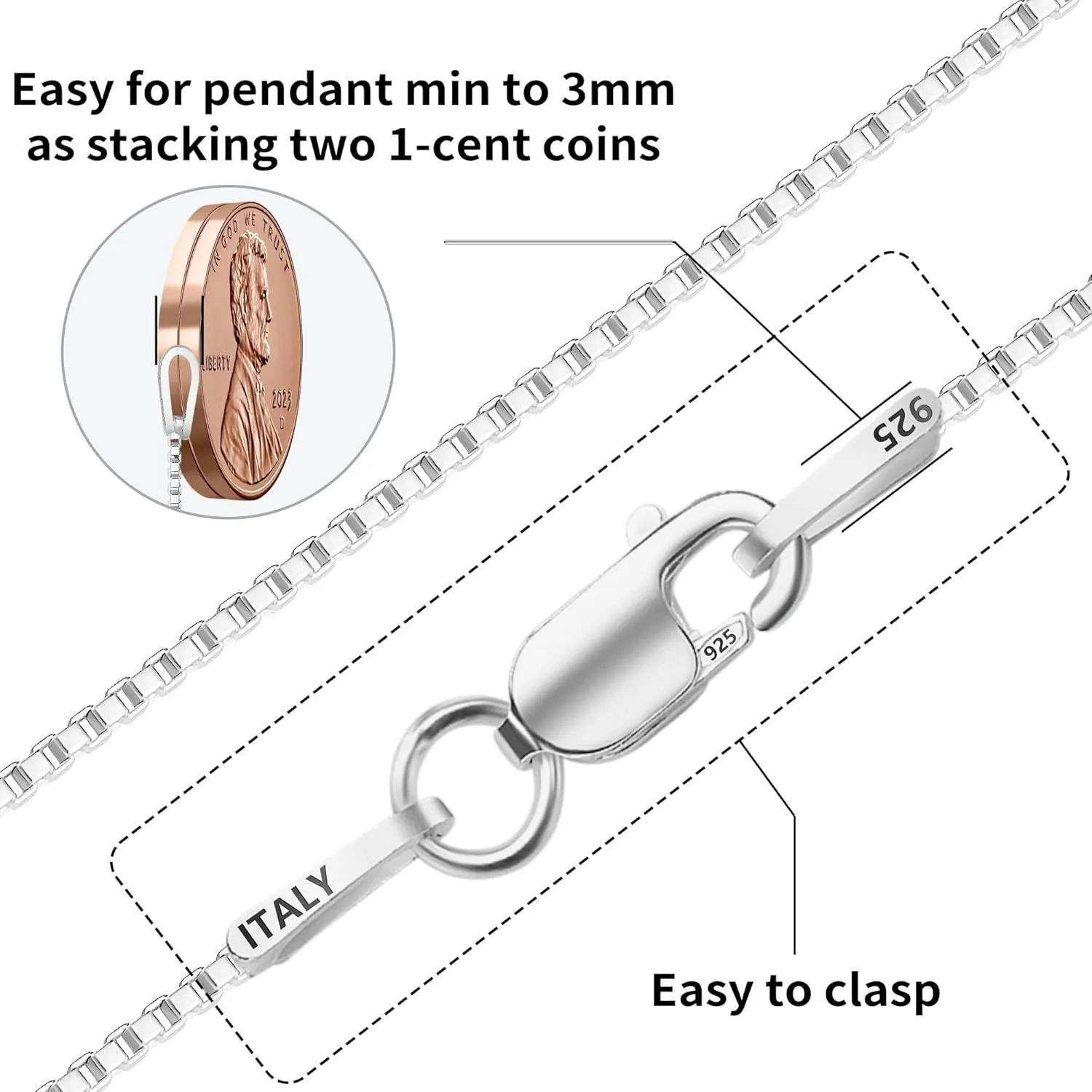 ASHINE 925 Sterling Silver Box Chain Necklace for Women, 1mm 0.8mm Italian Chains, Dainty & Sturdy Necklace with Silver Polishing Cloth Available in 16-36 Inch