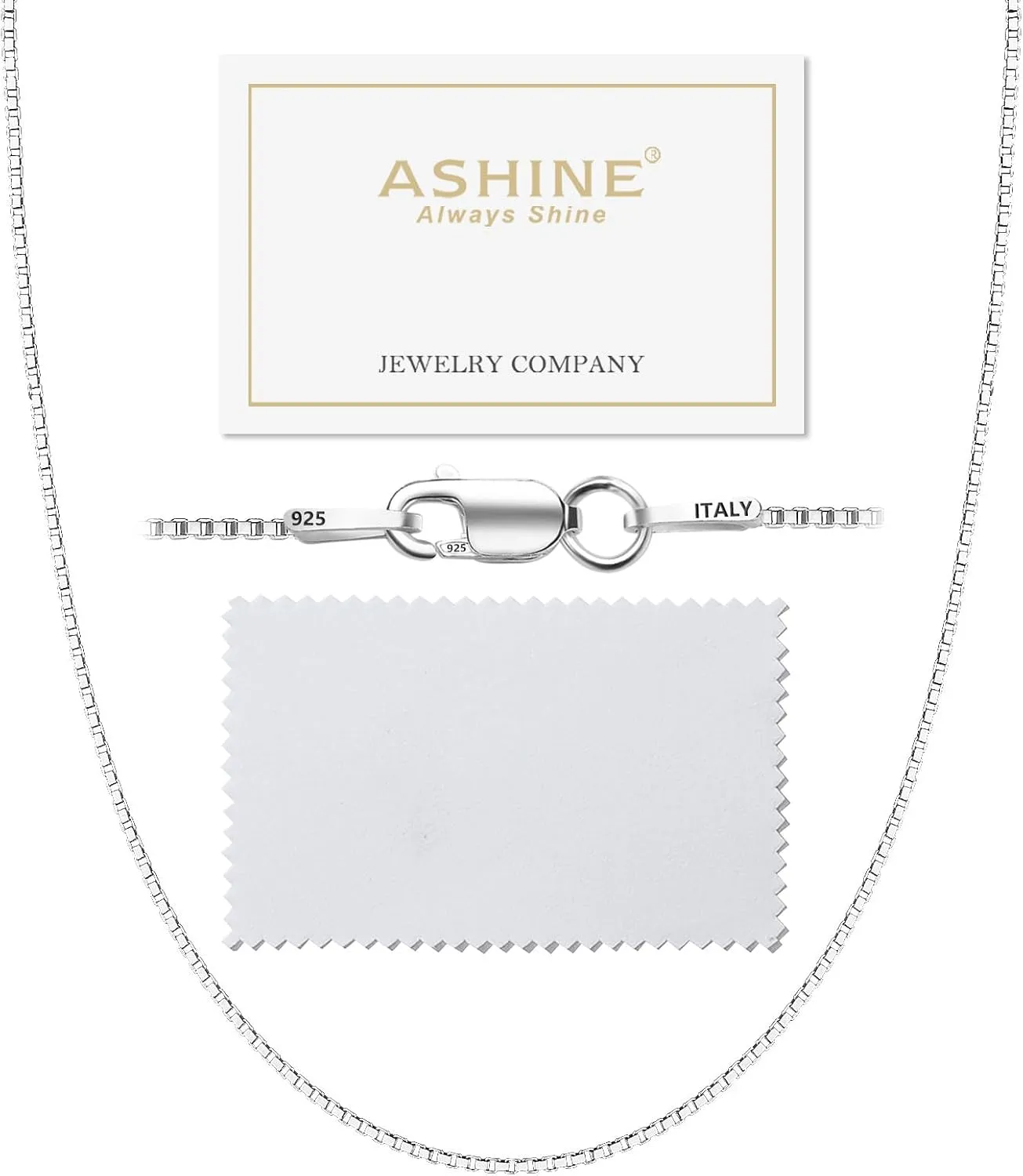 ASHINE 925 Sterling Silver Box Chain Necklace for Women, 1mm 0.8mm Italian Chains, Dainty & Sturdy Necklace with Silver Polishing Cloth Available in 16-36 Inch