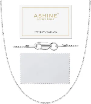 ASHINE 925 Sterling Silver Box Chain Necklace for Women, 1mm 0.8mm Italian Chains, Dainty & Sturdy Necklace with Silver Polishing Cloth Available in 16-36 Inch