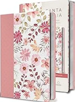 BIBLIA RV60 LETRA GRANDE-SIMIL PIEL ROSADA CON FLORES- TAMAÑO MANUAL