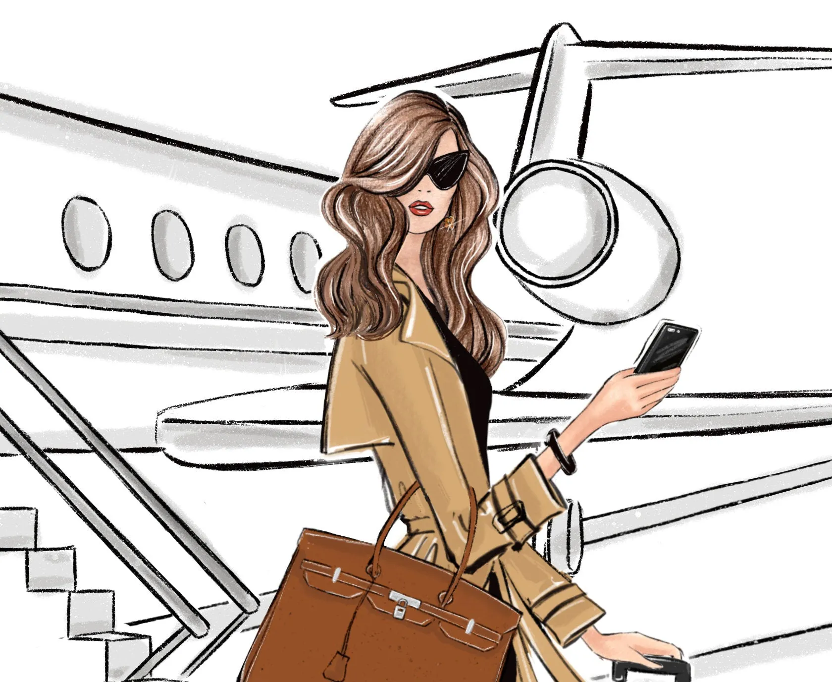Boss girl travalling in style by airplane art print fashion illustration