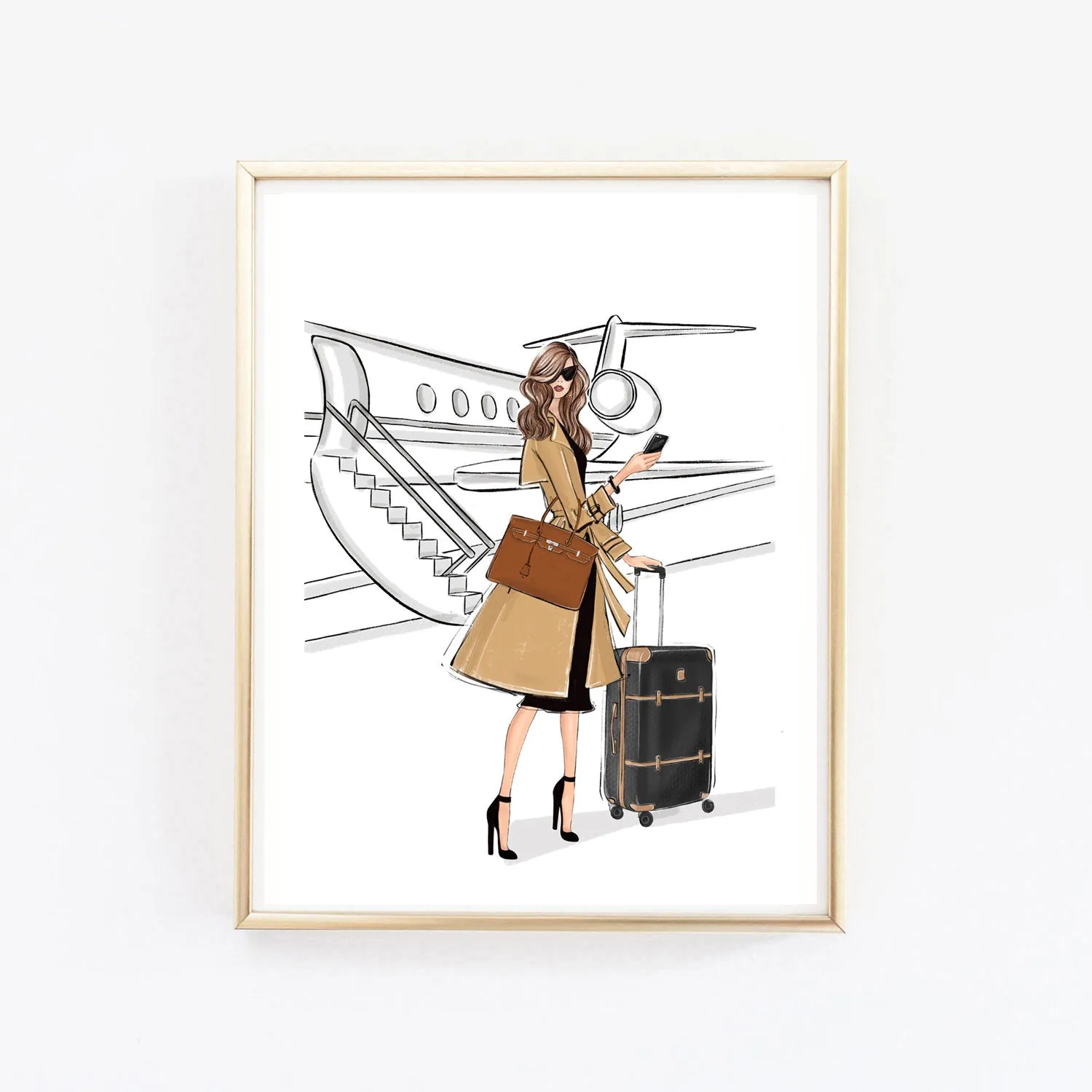 Boss girl travalling in style by airplane art print fashion illustration