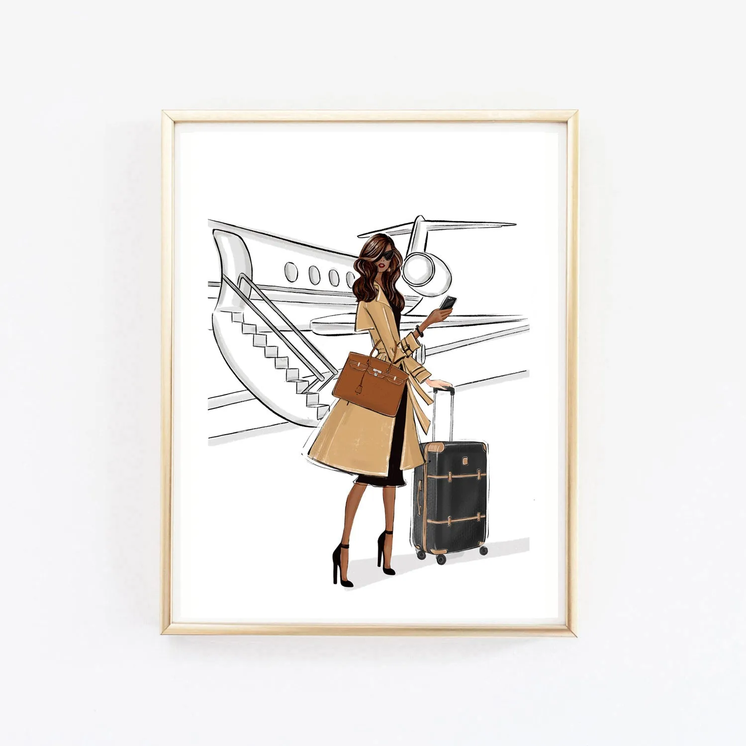 Boss girl travalling in style by airplane art print fashion illustration