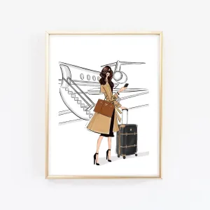 Boss girl travalling in style by airplane art print fashion illustration
