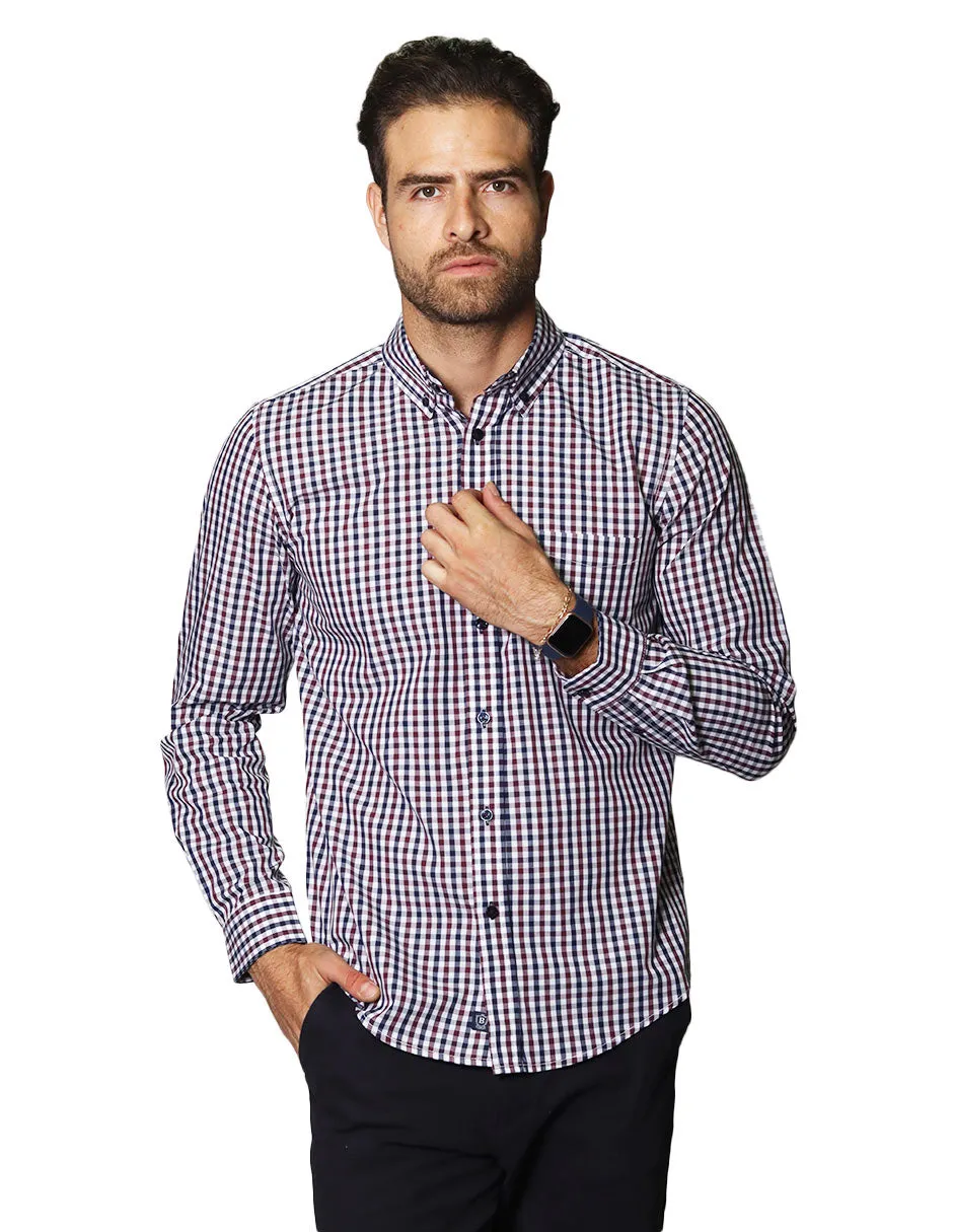 Camisas Para Hombre De Manga Larga Con Estampado de Cuadros Regular Fit B35215 Vino