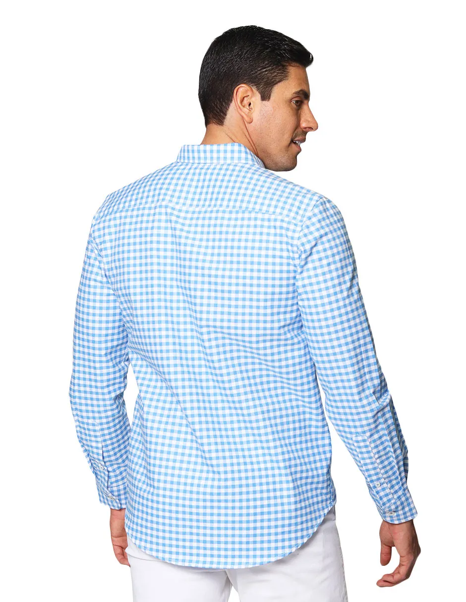 Camisas Para Hombre De Manga Larga Cuello Americano Con Estampado De Cuadros Slim Fit B41115 Cielo