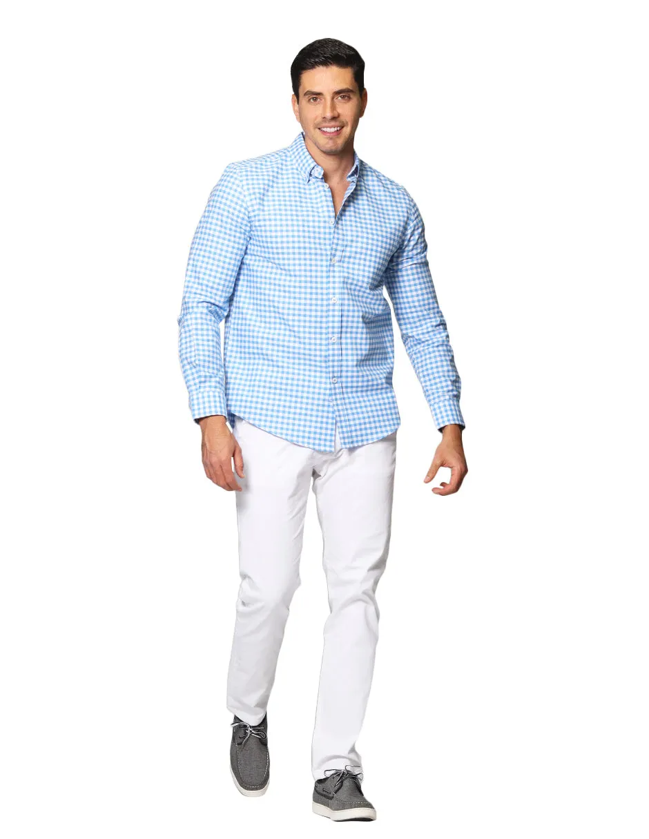 Camisas Para Hombre De Manga Larga Cuello Americano Con Estampado De Cuadros Slim Fit B41115 Cielo