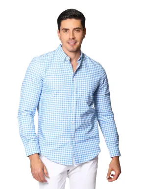 Camisas Para Hombre De Manga Larga Cuello Americano Con Estampado De Cuadros Slim Fit B41115 Cielo