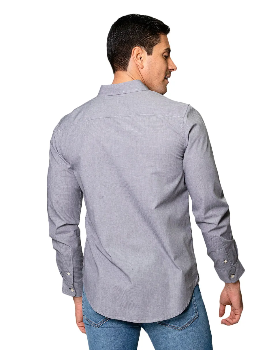 Camisas Para Hombre De Tela Mascota Con Estamado De Micro Cuadros De Manga Larga Cuello Button Down Regular Fit B41211 Negro