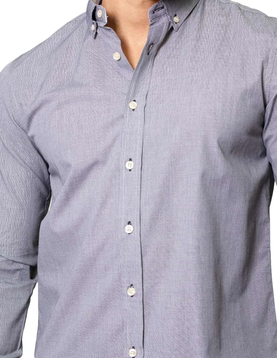 Camisas Para Hombre De Tela Mascota Con Estamado De Micro Cuadros De Manga Larga Cuello Button Down Regular Fit B41211 Negro