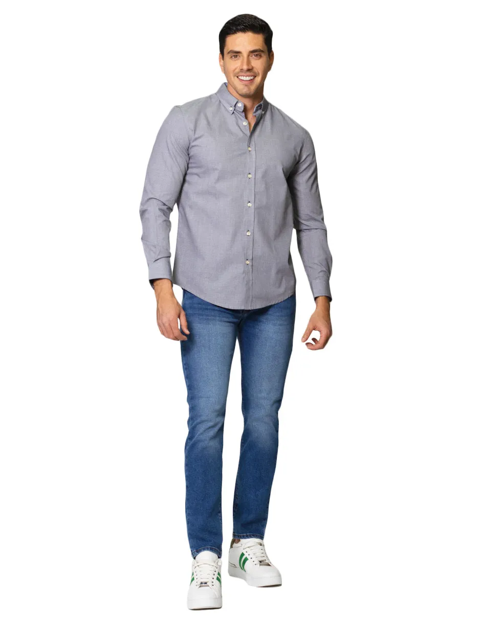 Camisas Para Hombre De Tela Mascota Con Estamado De Micro Cuadros De Manga Larga Cuello Button Down Regular Fit B41211 Negro