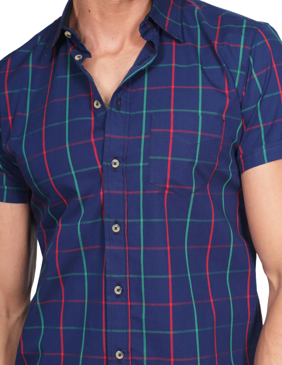 Camisas Para Hombre Manga Corta Cuadros Slim Fit Marino B21153