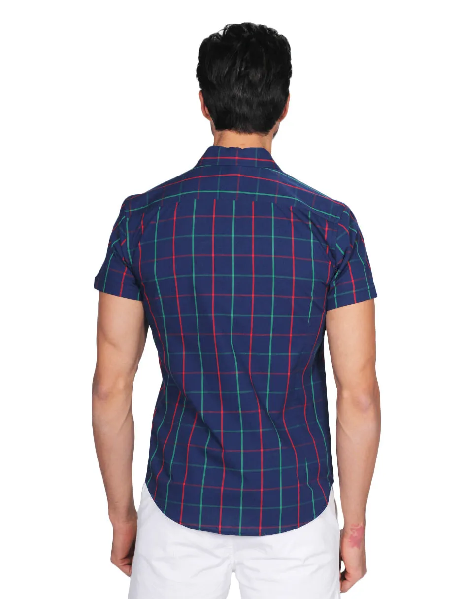 Camisas Para Hombre Manga Corta Cuadros Slim Fit Marino B21153