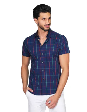 Camisas Para Hombre Manga Corta Cuadros Slim Fit Marino B21153