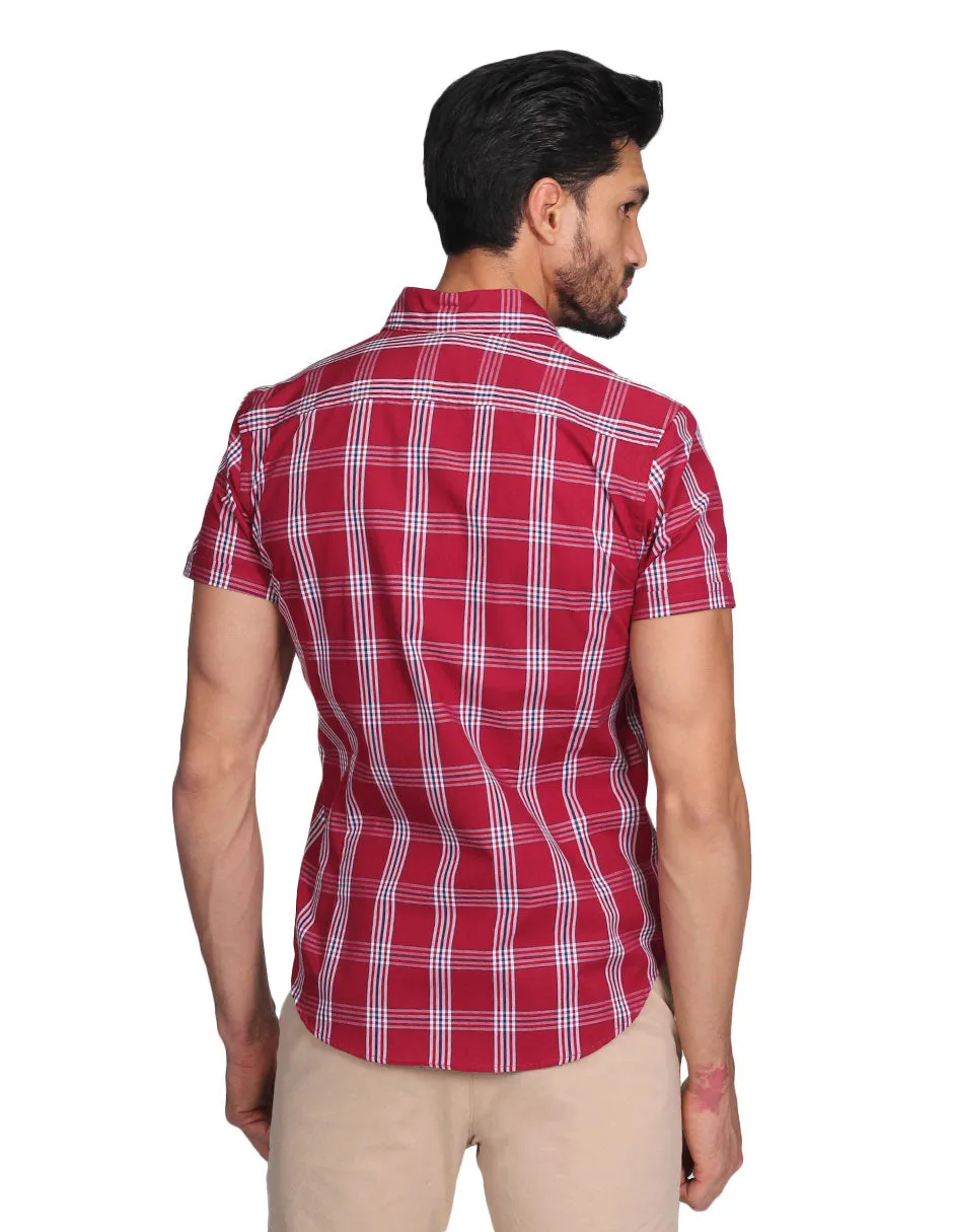 Camisas Para Hombre Manga Corta Cuadros Slim Fit Rojo B21152