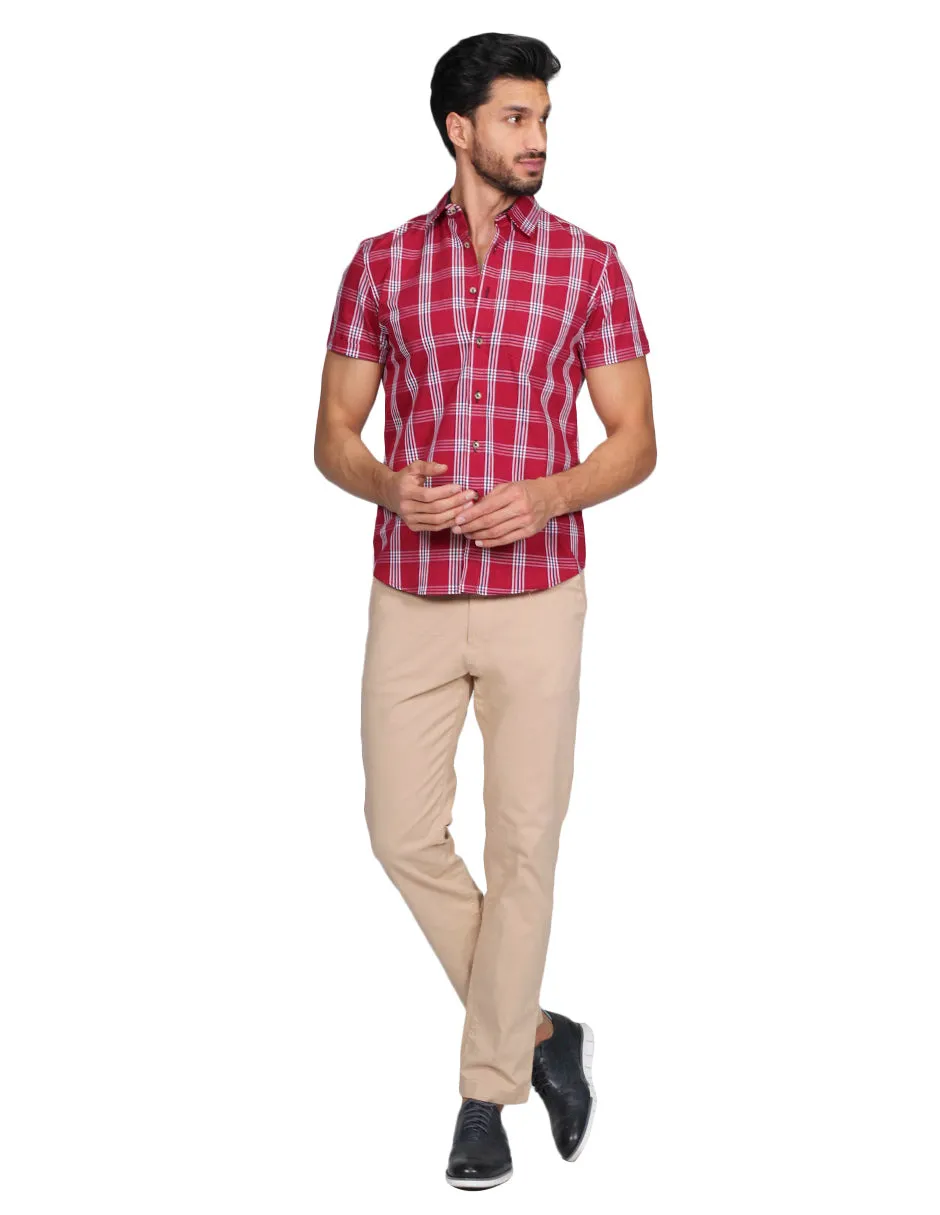Camisas Para Hombre Manga Corta Cuadros Slim Fit Rojo B21152