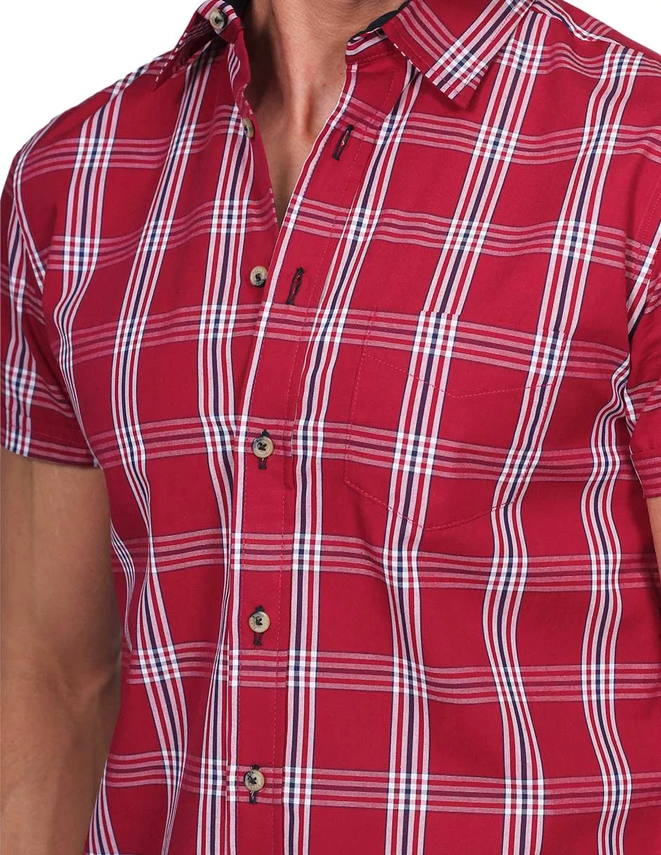 Camisas Para Hombre Manga Corta Cuadros Slim Fit Rojo B21152