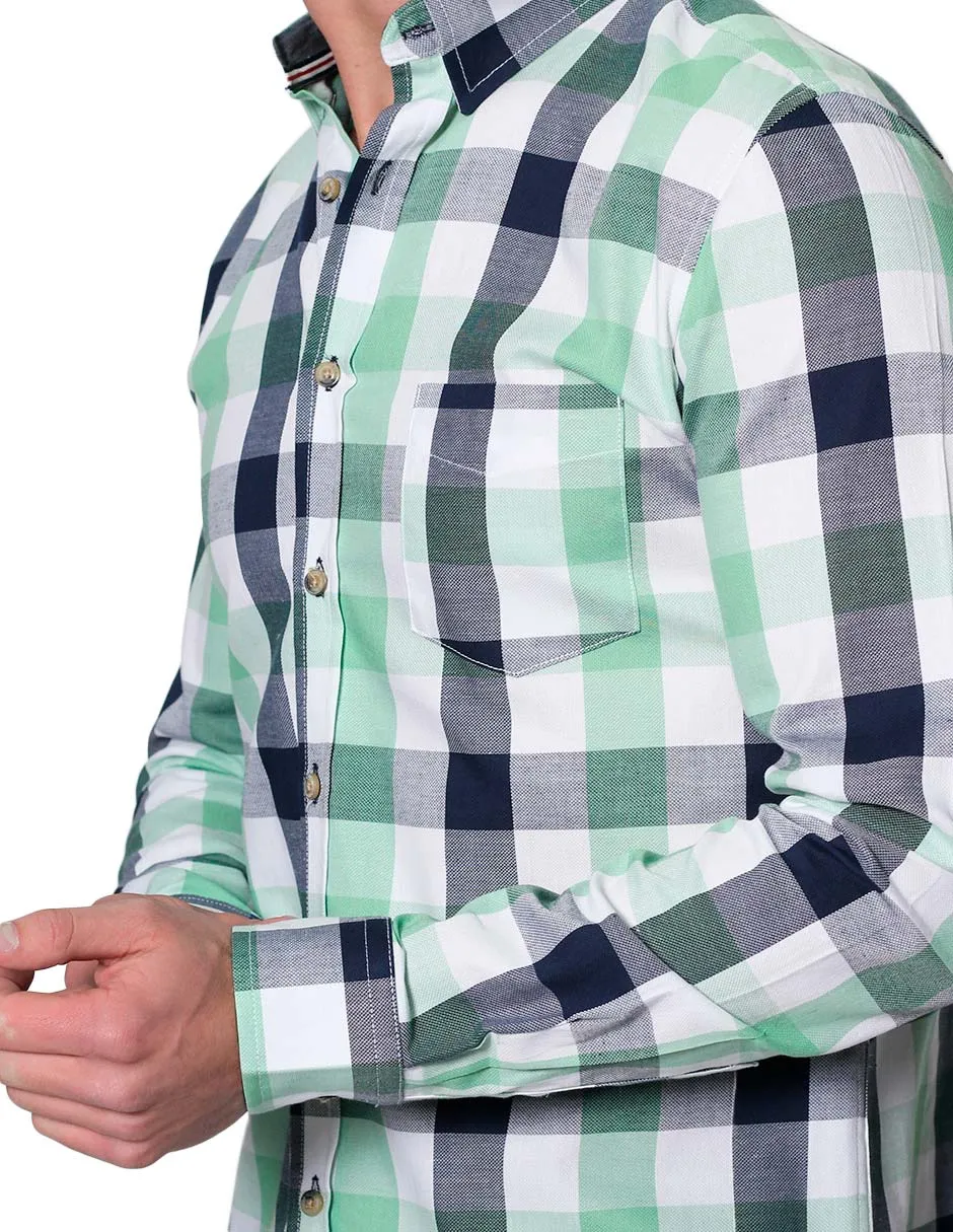 Camisas Para Hombre Manga Larga Cuadros Slim Fit B31102 Verde