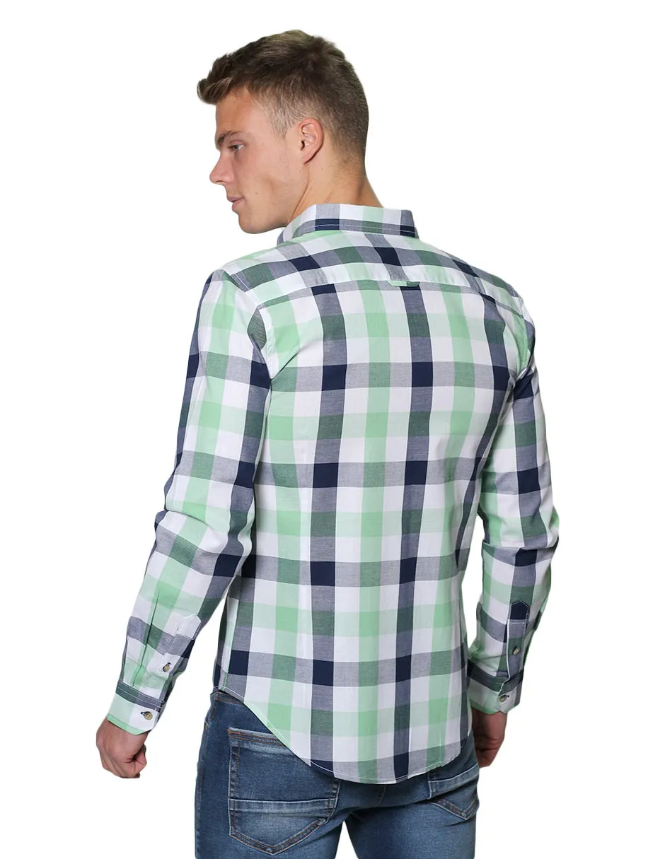 Camisas Para Hombre Manga Larga Cuadros Slim Fit B31102 Verde
