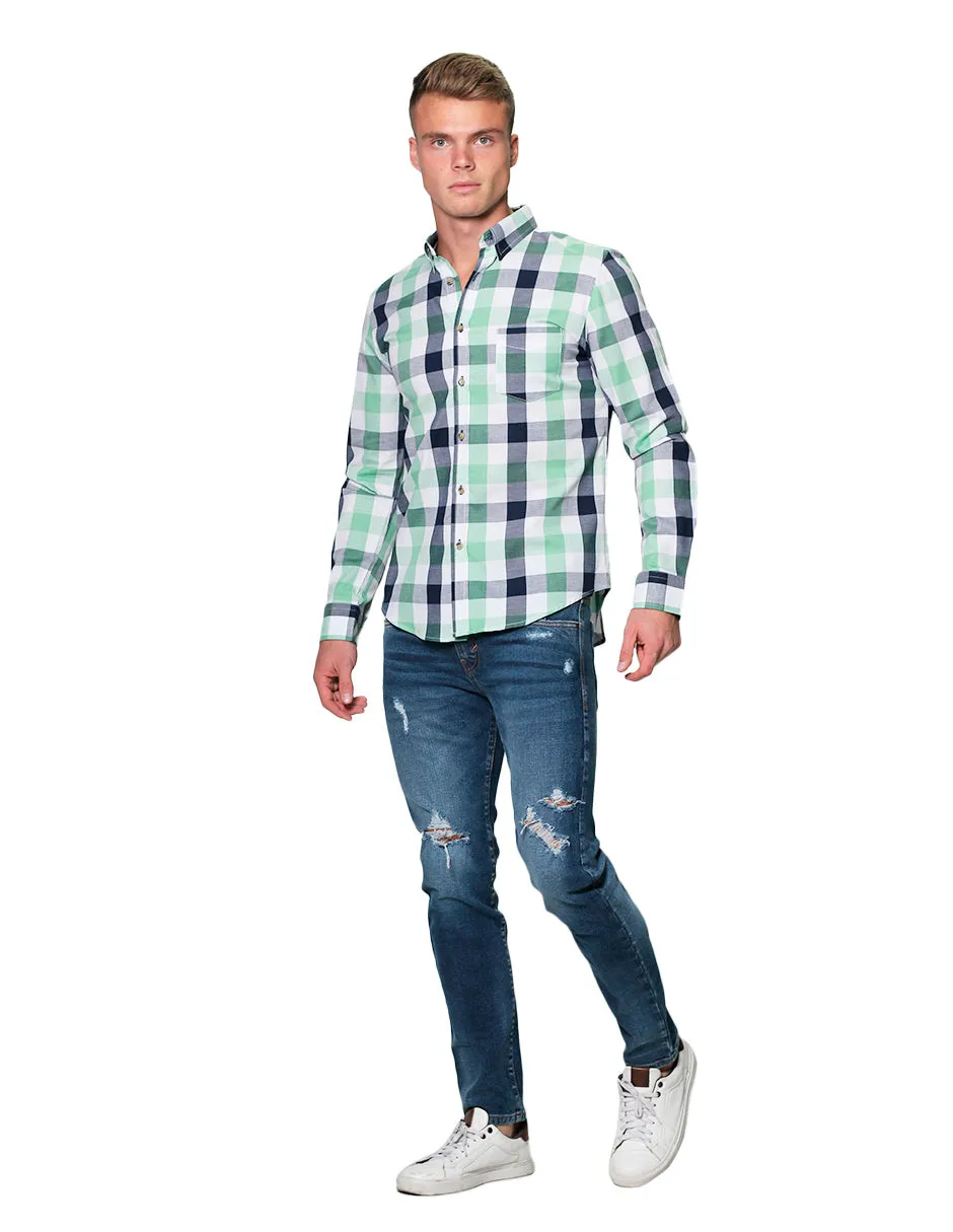 Camisas Para Hombre Manga Larga Cuadros Slim Fit B31102 Verde