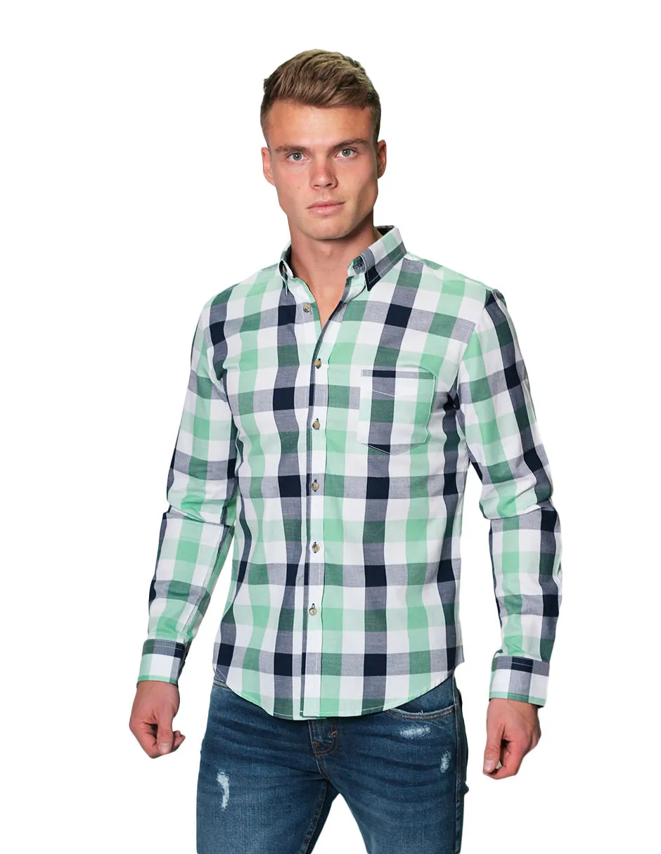 Camisas Para Hombre Manga Larga Cuadros Slim Fit B31102 Verde