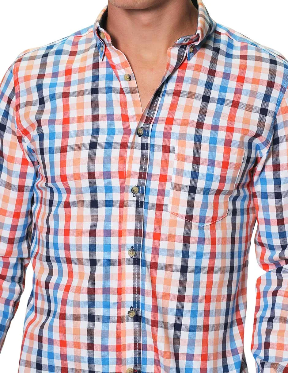 Camisas Para Hombre Manga Larga Cuadros Slim Fit B31108 Naranja