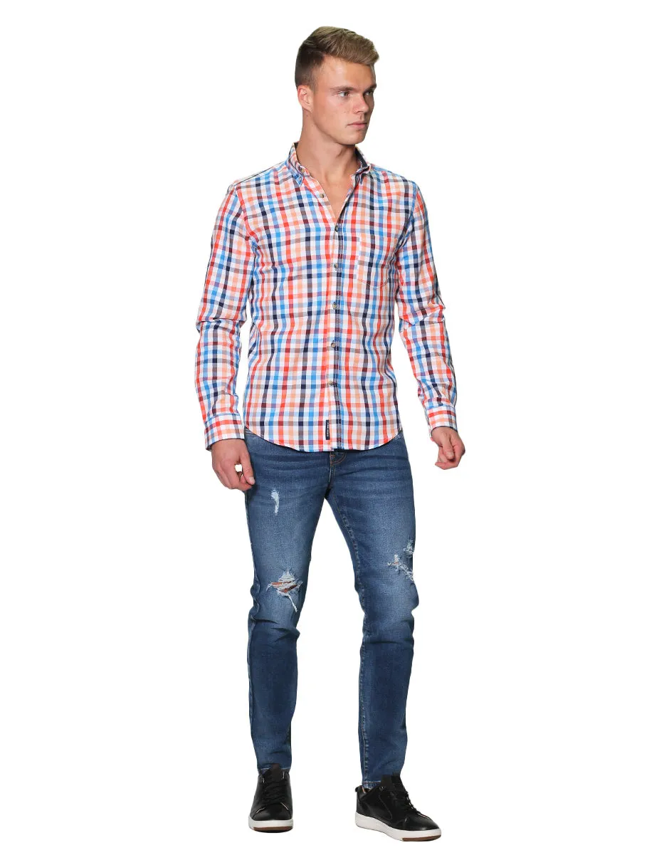 Camisas Para Hombre Manga Larga Cuadros Slim Fit B31108 Naranja