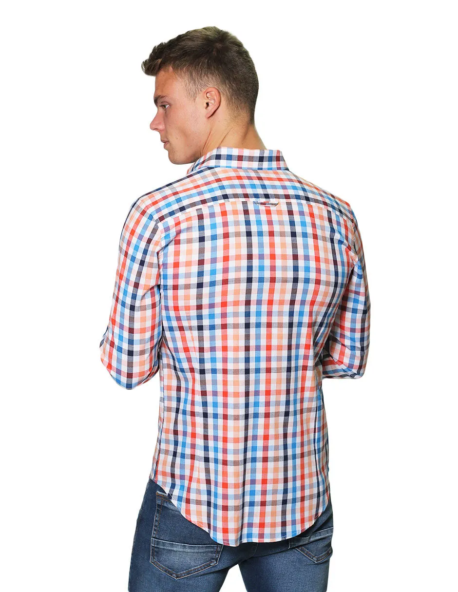 Camisas Para Hombre Manga Larga Cuadros Slim Fit B31108 Naranja