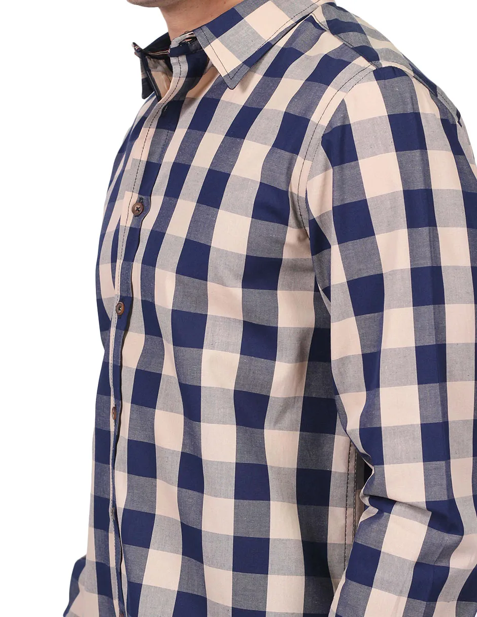 Camisas Para Hombre Manga Larga Estampado Cuadros Slim Fit Beige B25115