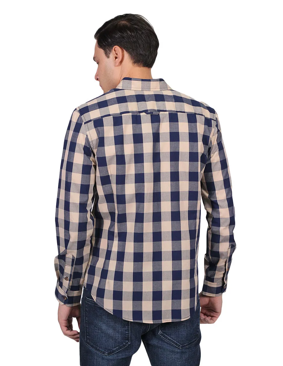 Camisas Para Hombre Manga Larga Estampado Cuadros Slim Fit Beige B25115