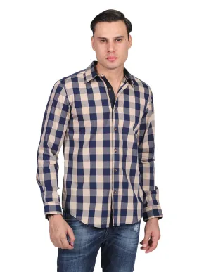 Camisas Para Hombre Manga Larga Estampado Cuadros Slim Fit Beige B25115