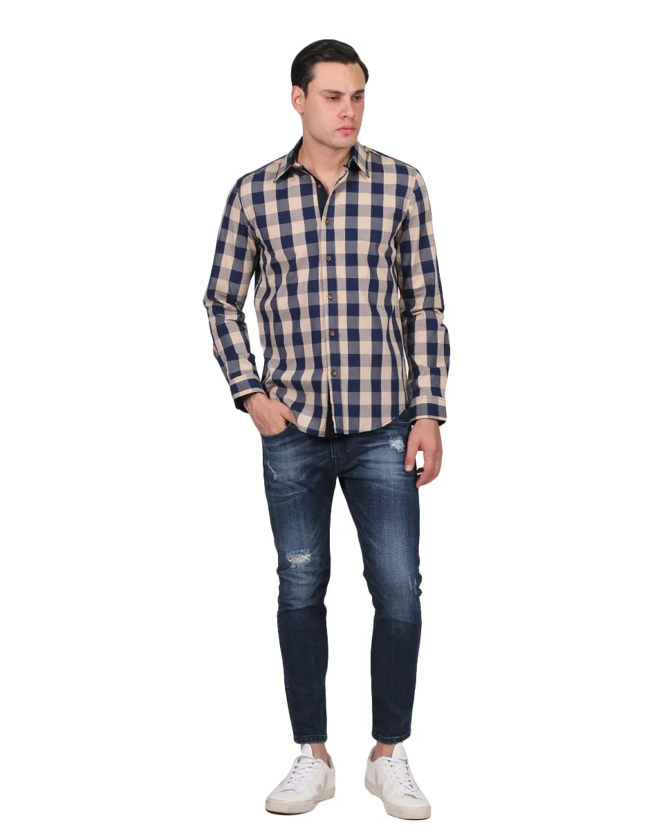 Camisas Para Hombre Manga Larga Estampado Cuadros Slim Fit Beige B25115