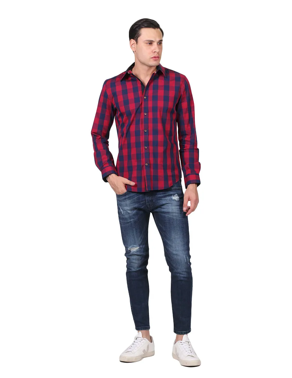 Camisas Para Hombre Manga Larga Estampado Cuadros Slim Fit Vino B25115