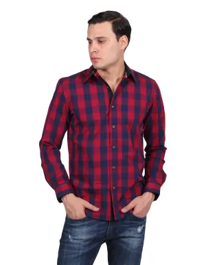 Camisas Para Hombre Manga Larga Estampado Cuadros Slim Fit Vino B25115