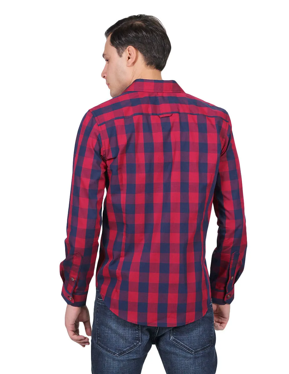 Camisas Para Hombre Manga Larga Estampado Cuadros Slim Fit Vino B25115
