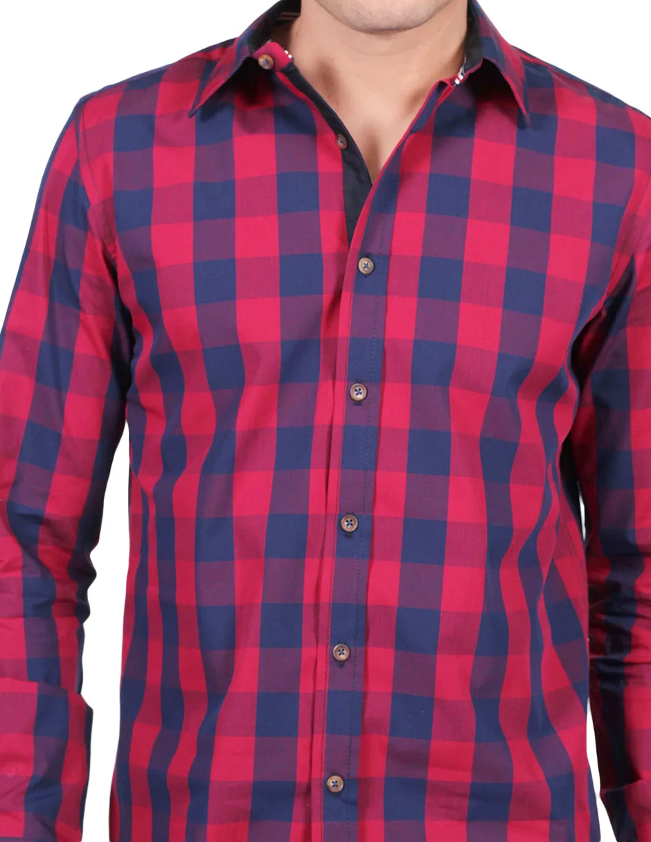Camisas Para Hombre Manga Larga Estampado Cuadros Slim Fit Vino B25115