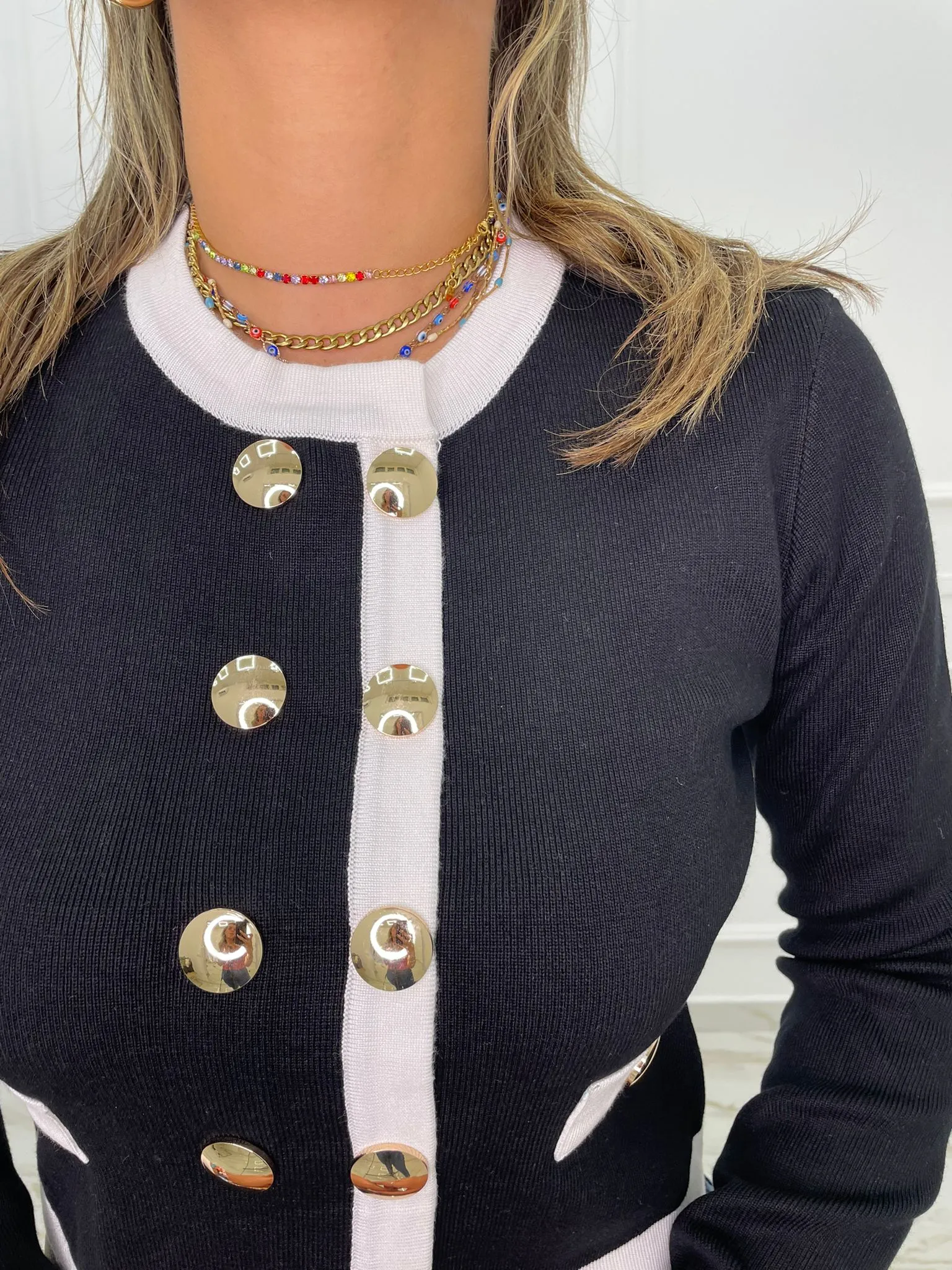 Cardigan doppio petto con bottoni oro