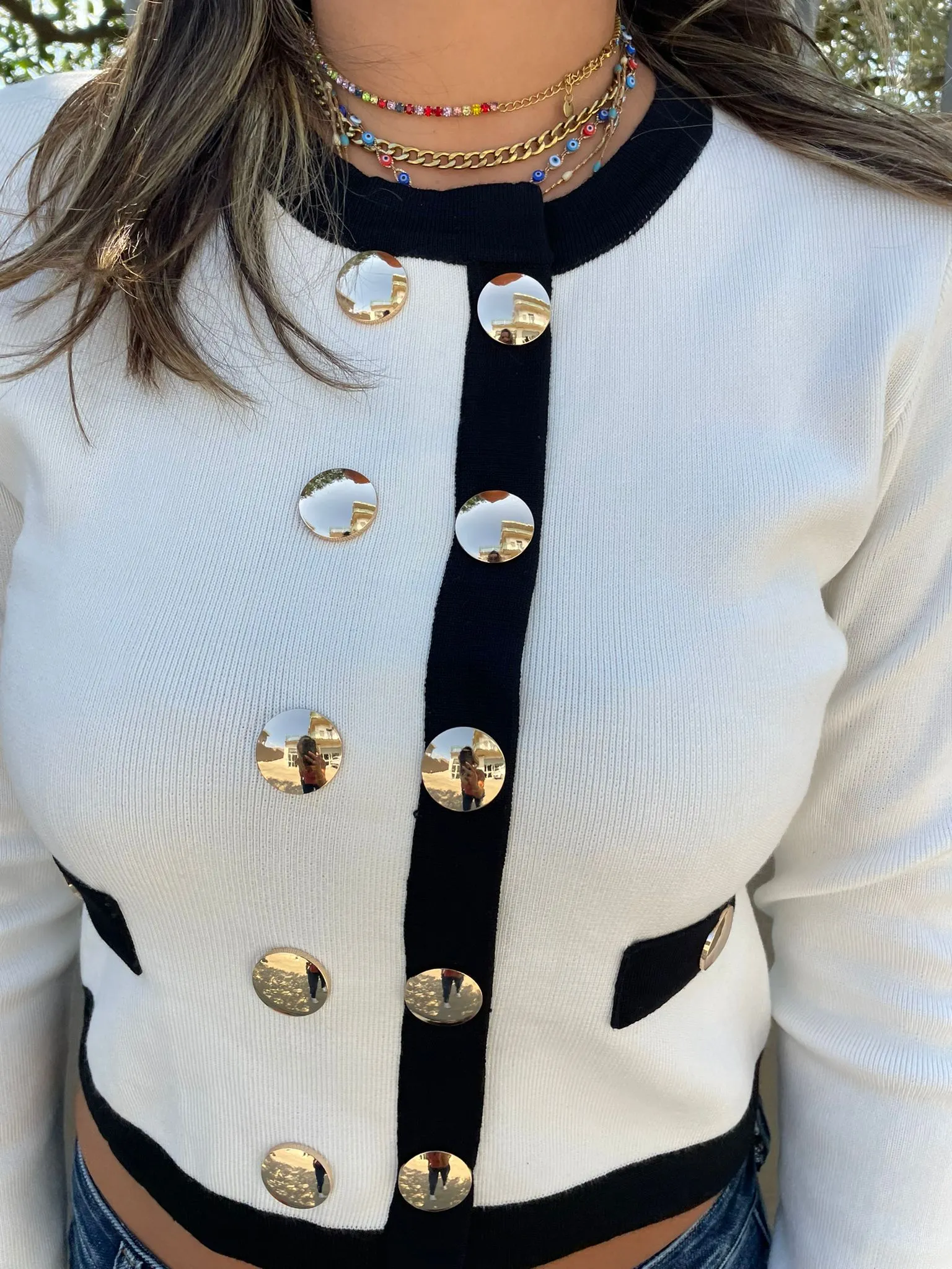 Cardigan doppio petto con bottoni oro
