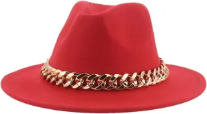 Fedora Hats Women Men Wide Brim Thick Gold Chain Band Felted Hat Jazz Cap Panama Hat Red 60-62cm(XL)