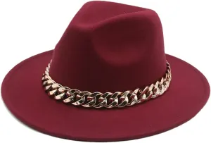 Fedora Hats Women Men Wide Brim Thick Gold Chain Band Felted Hat Jazz Cap Panama Hat Wine red 56-58cm(Adults)